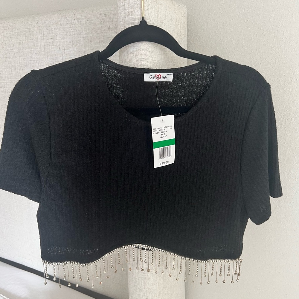 Black Cropped Top with Beaded Hem
